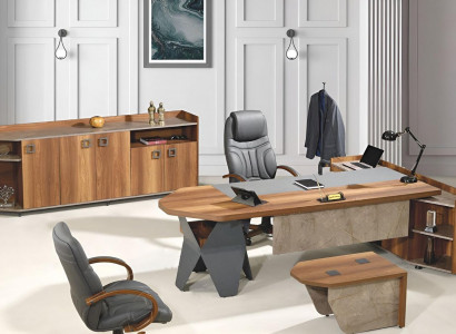 Complete office desk set 4-piece wood brown large chest of drawers