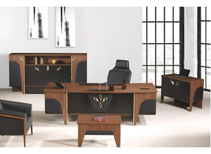 Complete Office Desk Office Table Set 4-Piece Wood Brown Luxury Large