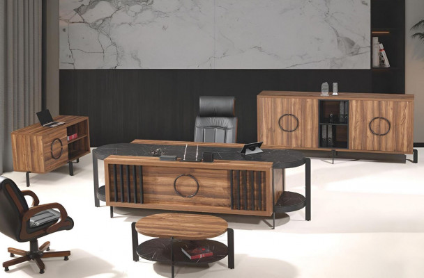 Luxury Complete Office Desk Office Table Set 4-piece Wood Brown Table