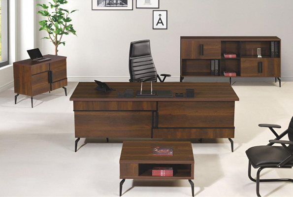 Office furniture study desk office table set 4-piece wood brown