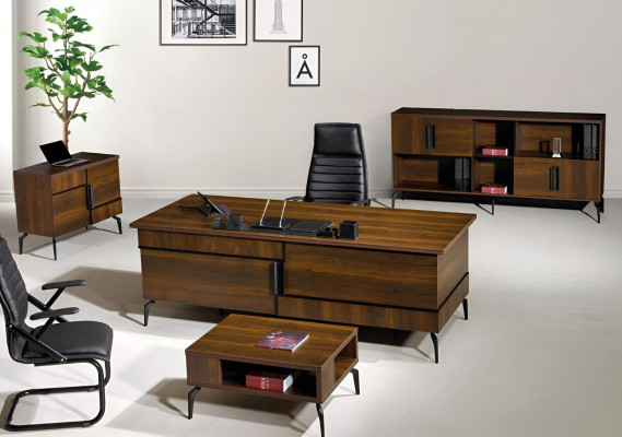 Office furniture study desk office table set 4-piece wood brown