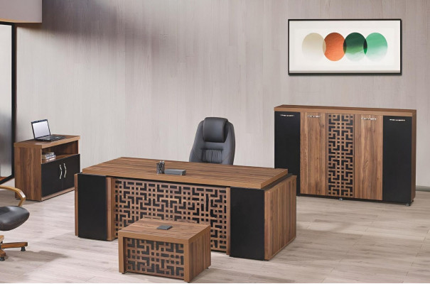 Complete Office Furniture Desk Office Table Set 4-pcs Wood Brown