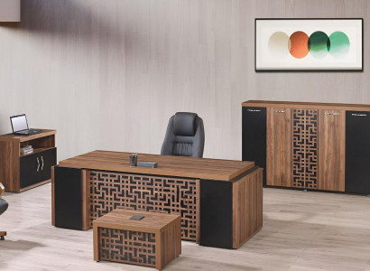 Complete Office Furniture Desk Office Table Set 4-pcs Wood Brown