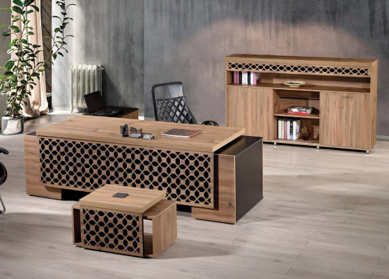 Luxury corner office desk complete office desk set 3-piece wood brown office furniture