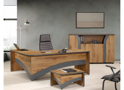 Corner office desk, study furniture, complete office, office 3-piece wood brown set
