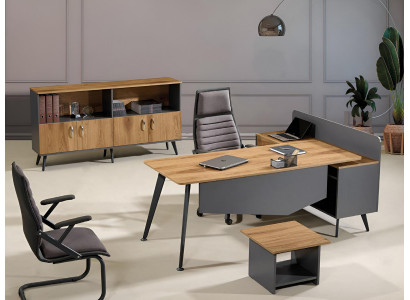 Corner office desk, modern study furniture, brown office 3-piece wood set group