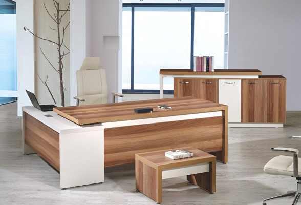 Complete office furniture corner desk 3-piece wood brown office furniture