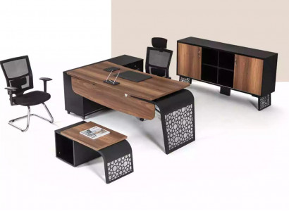 Modern office furniture set, workplace design, corner desk, cabinet