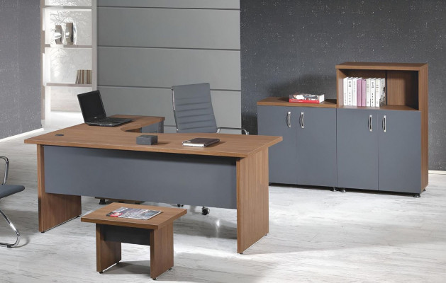 Office suite corner desk study room furniture cabinet 4-piece wood gray