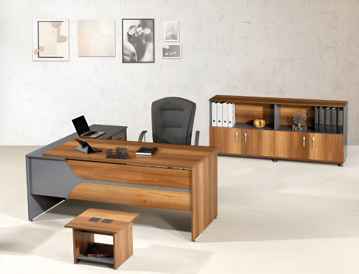 Office Furniture Gray Set 3-Piece Corner Desk Complete Office Cabinet Wood Group