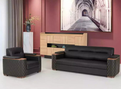 Black sofa set, three-seater, armchair, study, luxury, 2-piece
