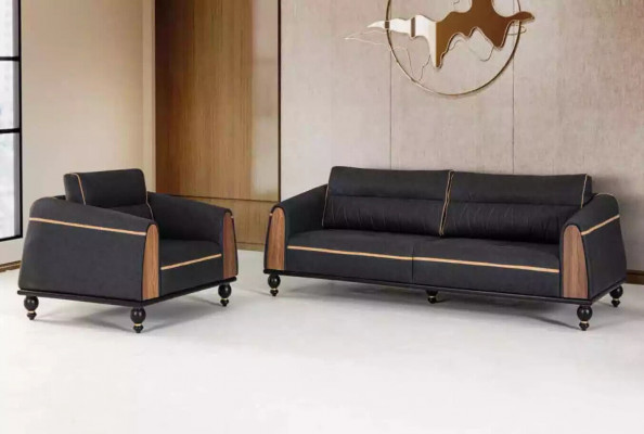 Black Sofa Set Modern Suite Three-Seater Armchair Fabric Furniture 2-Piece Set