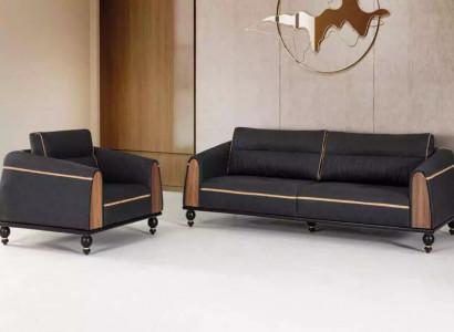 Black Sofa Set Modern Suite Three-Seater Armchair Fabric Furniture 2-Piece Set