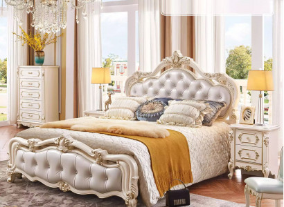 Bedroom set Chesterfield bed + 2x wooden nightstands luxury 3-piece interior