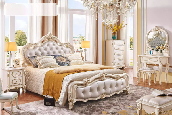 Bedroom set Chesterfield bed + 2x wooden nightstands luxury 3-piece interior