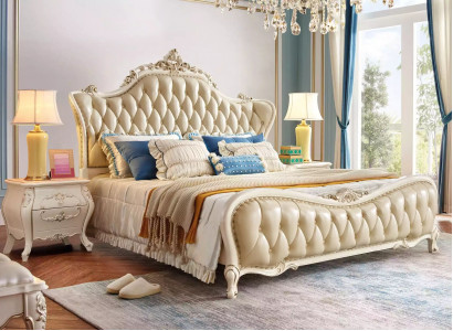 Classic bedroom set, Chesterfield bed, 2x bedside tables, solid wood, 3-piece set
