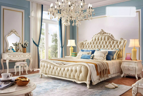 Classic bedroom set, Chesterfield bed, 2x bedside tables, solid wood, 3-piece set
