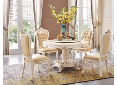 Classic light beige dining room set luxury round dining table and x4 Chesterfield chairs 5-piece suite