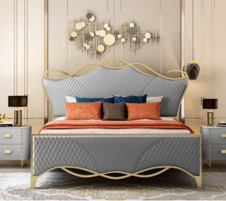 Stylish bedroom bed designer faux leather double bed wooden frame