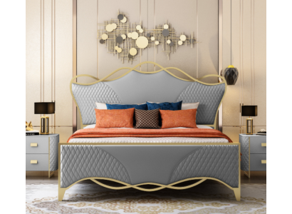 Stylish bedroom bed designer faux leather double bed wooden frame