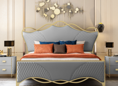 Stylish bedroom bed designer faux leather double bed wooden frame