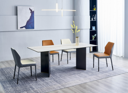 Modern dining room set, large dining table with 6 faux leather chairs, luxury furniture.
