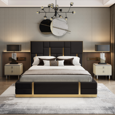 Black bedroom bed designer wood double bed luxury stainless steel bed