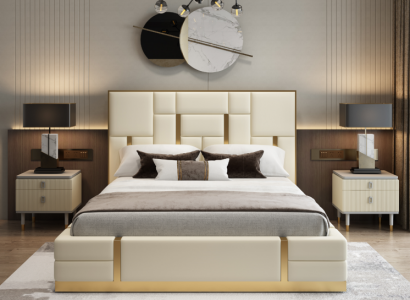White double bed, bedroom luxury wood frame designer stainless steel bed