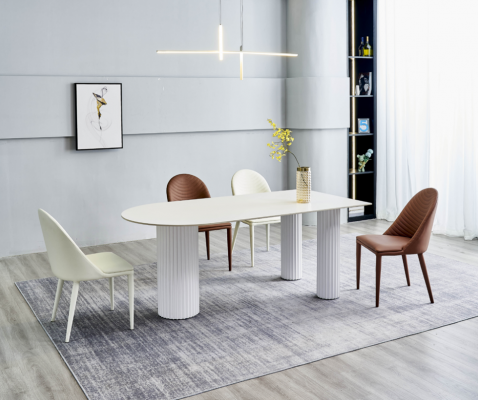White dining room set Designer dining table 6x upholstered chairs luxury set