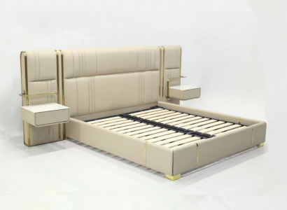 Beige bedroom double bed with large headboard designer wooden beds