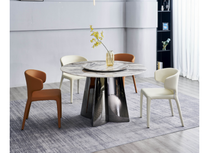 Designer round table luxury 4x leather chairs dining room set modern furniture
