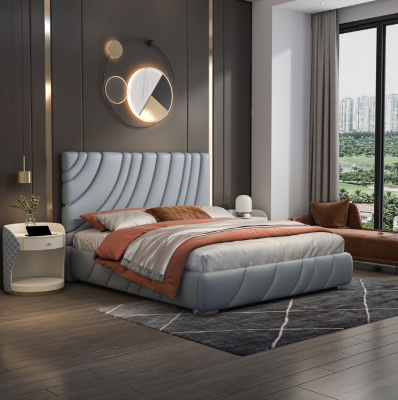 Gray faux leather double bed modern stainless steel bed luxury wooden frame