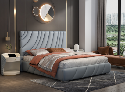 Gray faux leather double bed modern stainless steel bed luxury wooden frame
