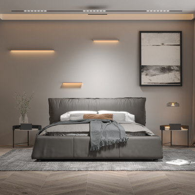 Gray bedroom bed, designer double bed, wooden frame, new leather bed.