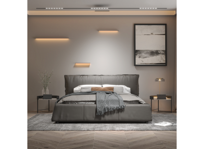 Gray bedroom bed, designer double bed, wooden frame, new leather bed.