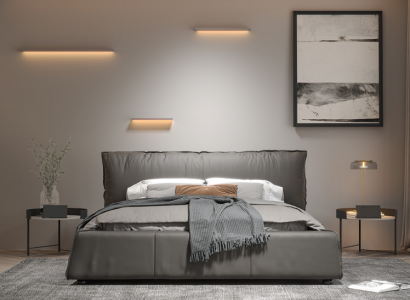 Gray bedroom bed, designer double bed, wooden frame, new leather bed.