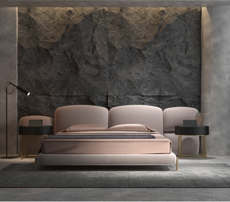 Large beige bedroom double bed designer wide textile headboard