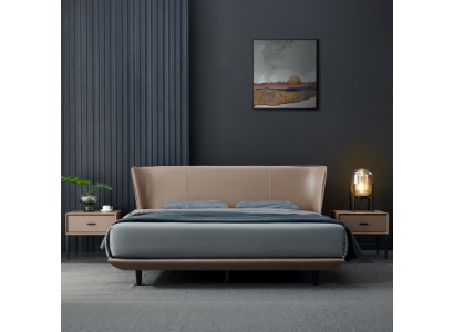 Beige faux leather bedroom double bed designer wooden frame beds