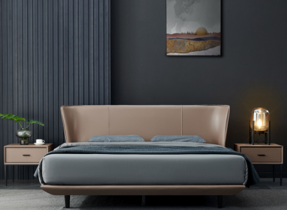 Beige faux leather bedroom double bed designer wooden frame beds