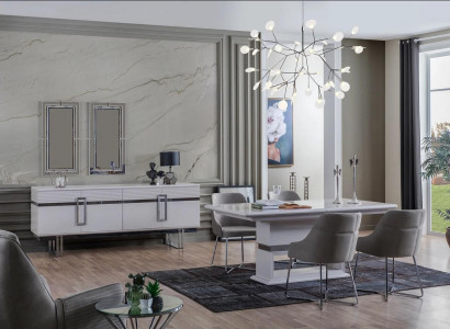 Design dining room set: dining table + 4 chairs + sideboard with 2 mirrors, 8 pieces.