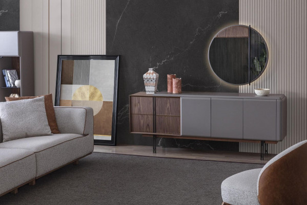 Dining room set consists of dining table, 4 chairs, and sideboard with mirror, 7 pieces.