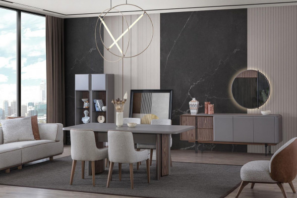 Dining room set consists of dining table, 4 chairs, and sideboard with mirror, 7 pieces.