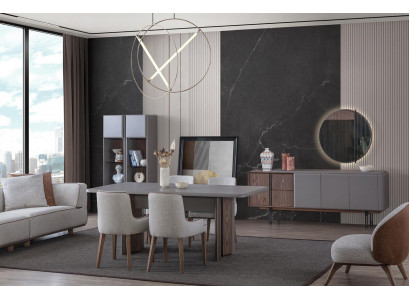 Dining room set consists of dining table, 4 chairs, and sideboard with mirror, 7 pieces.