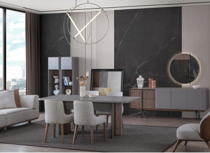 Dining room set consists of dining table, 4 chairs, and sideboard with mirror, 7 pieces.