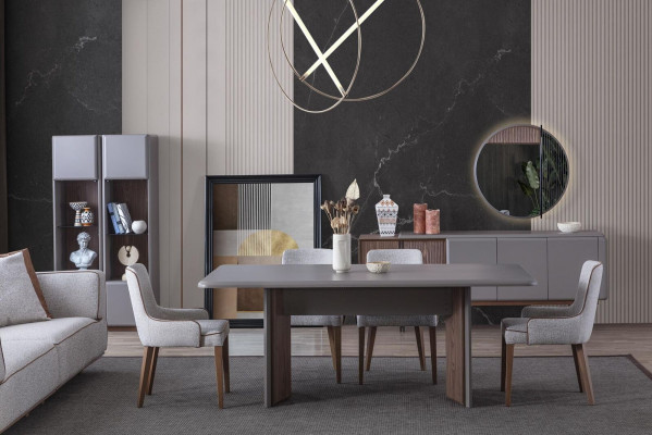 Dining room set consists of dining table, 4 chairs, and sideboard with mirror, 7 pieces.