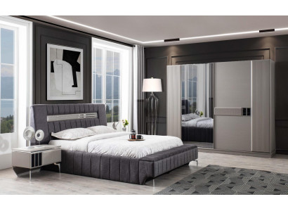 Bedroom set double bed bed nightstands 4-piece gray wardrobe