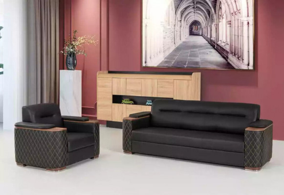 Office furniture, three-seater couch, black luxury upholstered sofa, study room, new