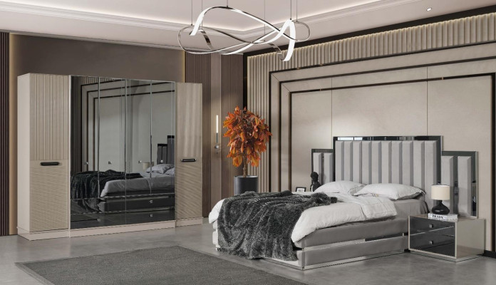 Bedroom set, double bed, bed, bedside tables 3-piece, gray, wardrobe.