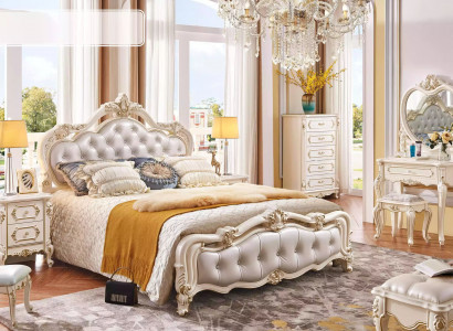 Bedroom set: bed, 2x nightstands, dressing table, stool, dresser, 6-piece luxury.