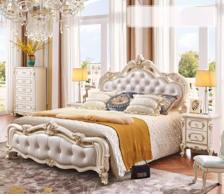 Bedroom set: bed, 2x nightstands, dressing table, stool, dresser, 6-piece luxury.